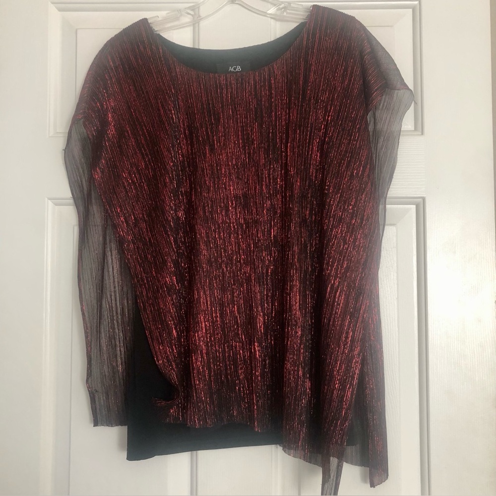Womens Large AGB Red Top Blouse Semi Sheer Black Tank Underlay Sparkly Holiday